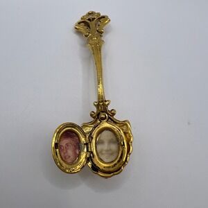 Vintage ART Gold Tone Locket Spoon Brooch Victorian Style Hidden Photo Holder